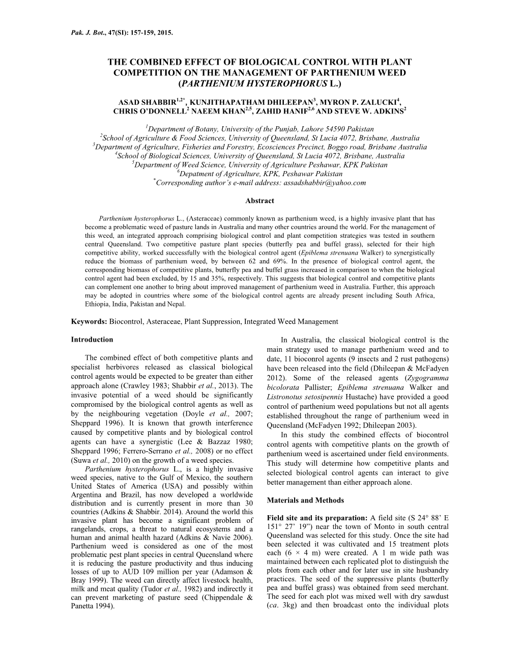 The Combined Effect of Biological Control with Plant Competition on the Management of Parthenium Weed (Parthenium Hysterophorus L.)