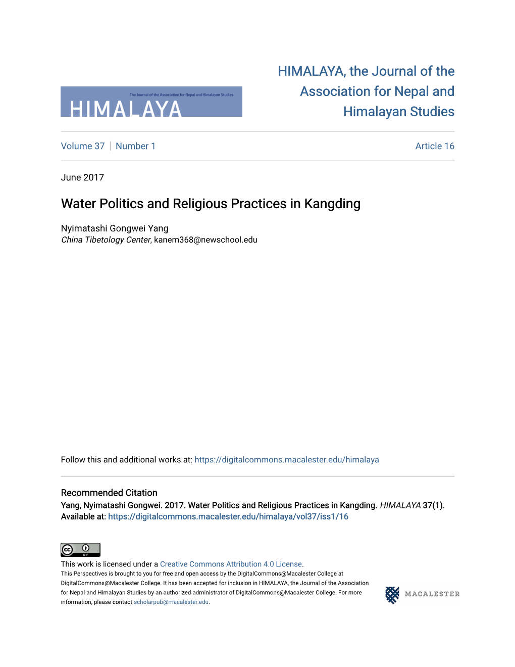 Water Politics and Religious Practices in Kangding