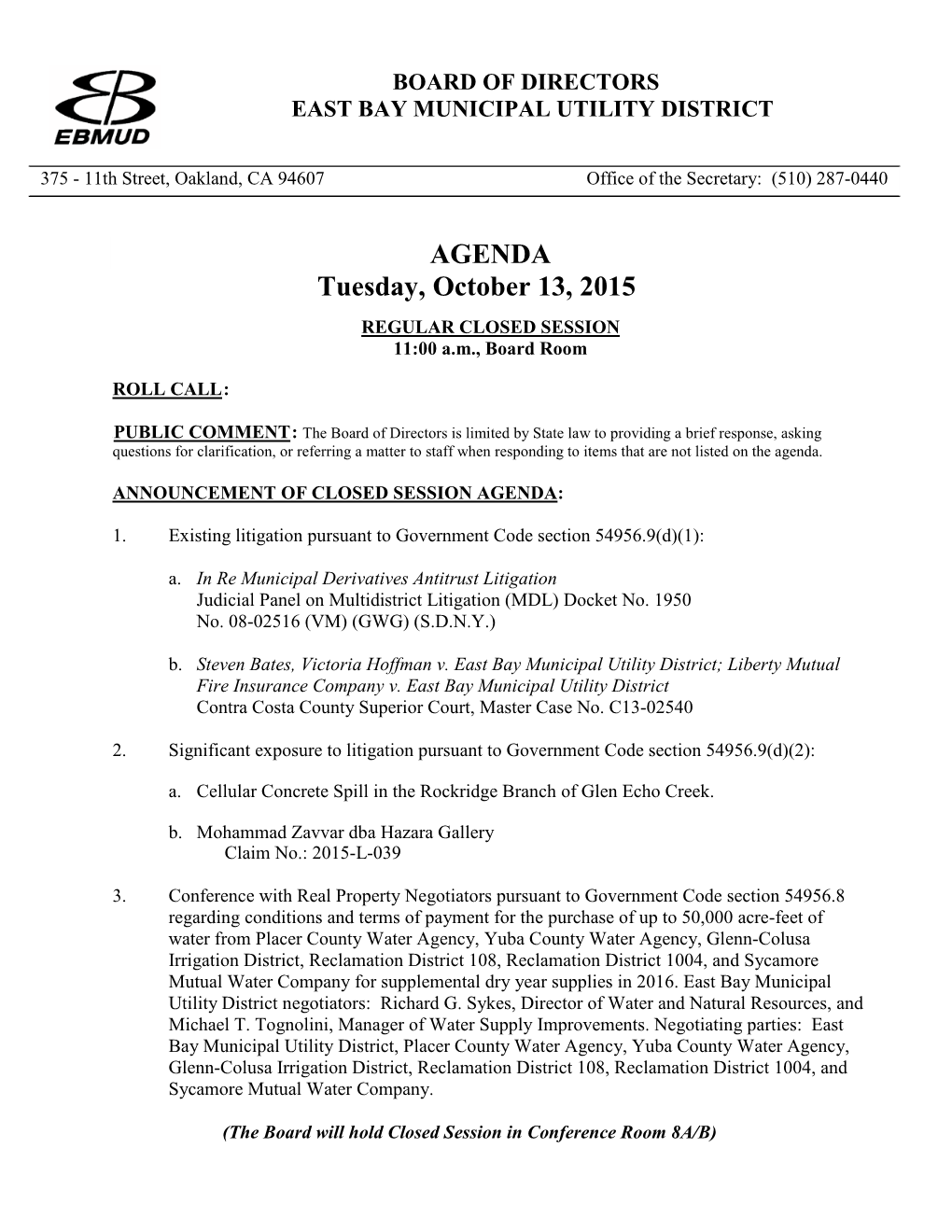 AGENDA Tuesday, October 13, 2015