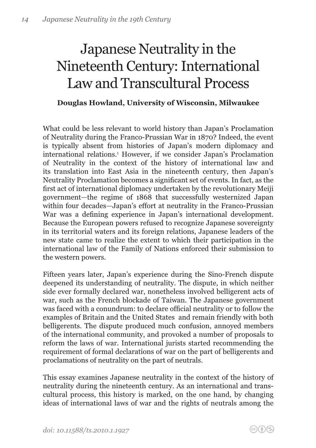 Japanese Neutrality in the Nineteenth Century: International Law and Transcultural Process