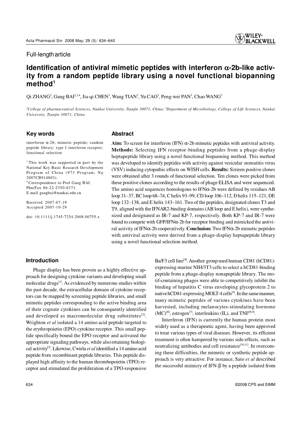 Identification of Antiviral Mimetic Peptides with Interferon Α-2B-Like