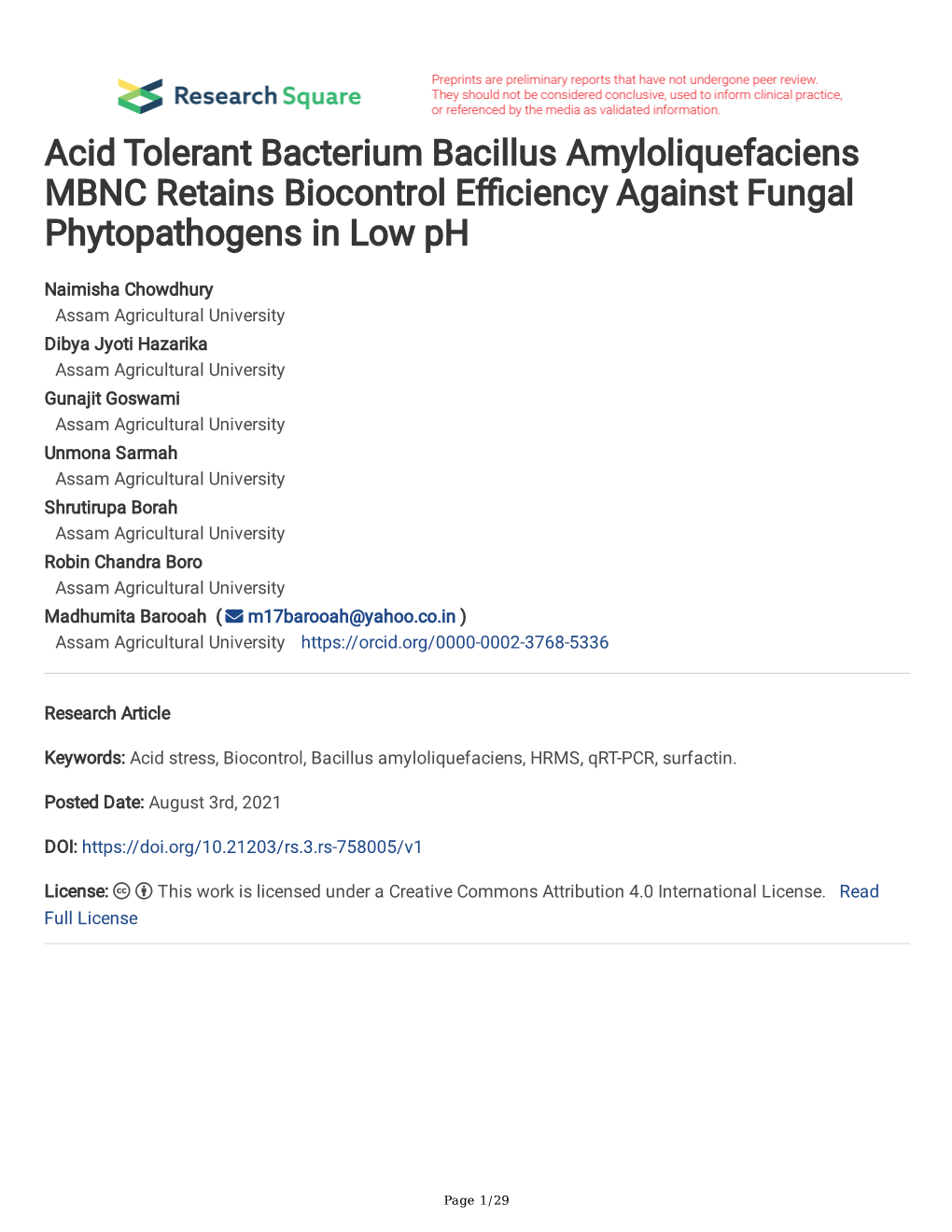 Acid Tolerant Bacterium Bacillus Amyloliquefaciens MBNC Retains Biocontrol Efciency Against Fungal Phytopathogens in Low Ph