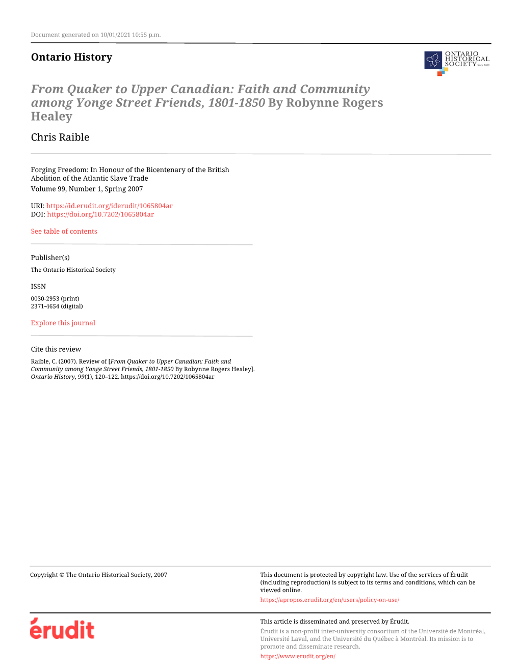 From Quaker to Upper Canadian: Faith and Community Among Yonge Street Friends, 1801-1850 by Robynne Rogers Healey Chris Raible