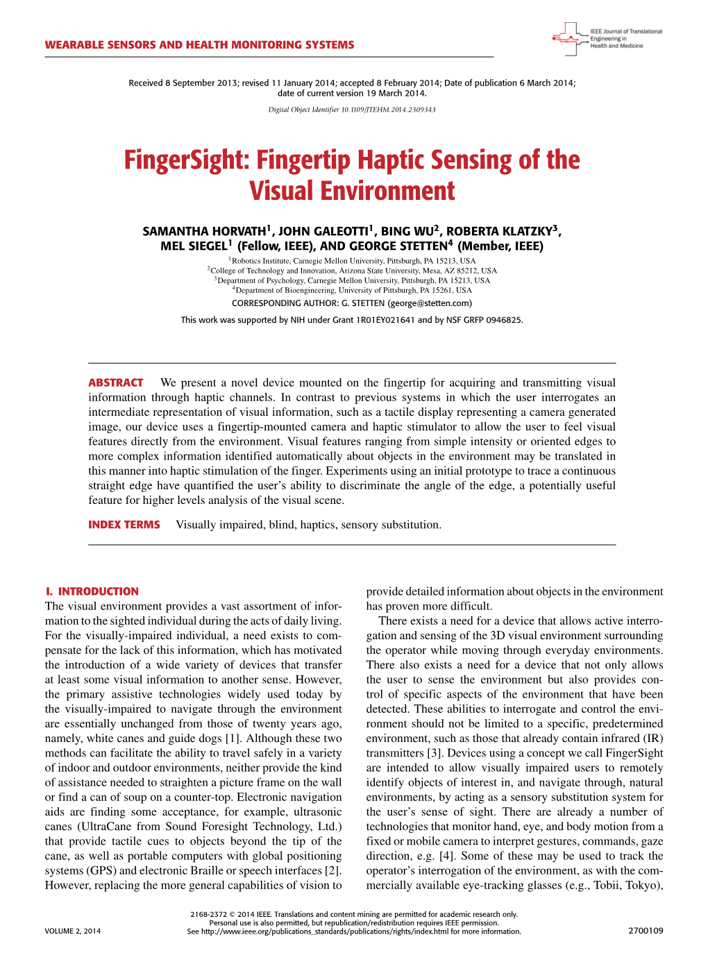 Fingersight: Fingertip Haptic Sensing of the Visual Environment