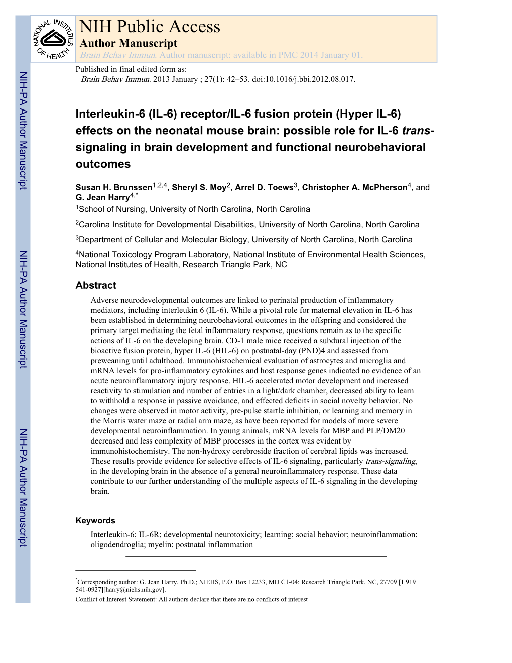 NIH Public Access Author Manuscript Brain Behav Immun