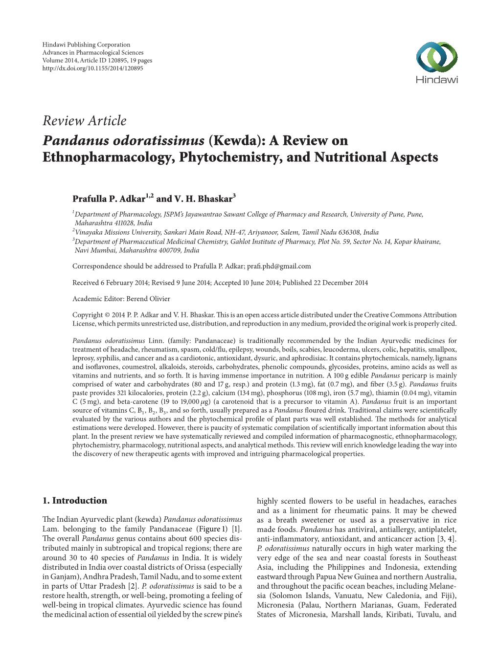 Review Article Pandanus Odoratissimus (Kewda): a Review on Ethnopharmacology, Phytochemistry, and Nutritional Aspects