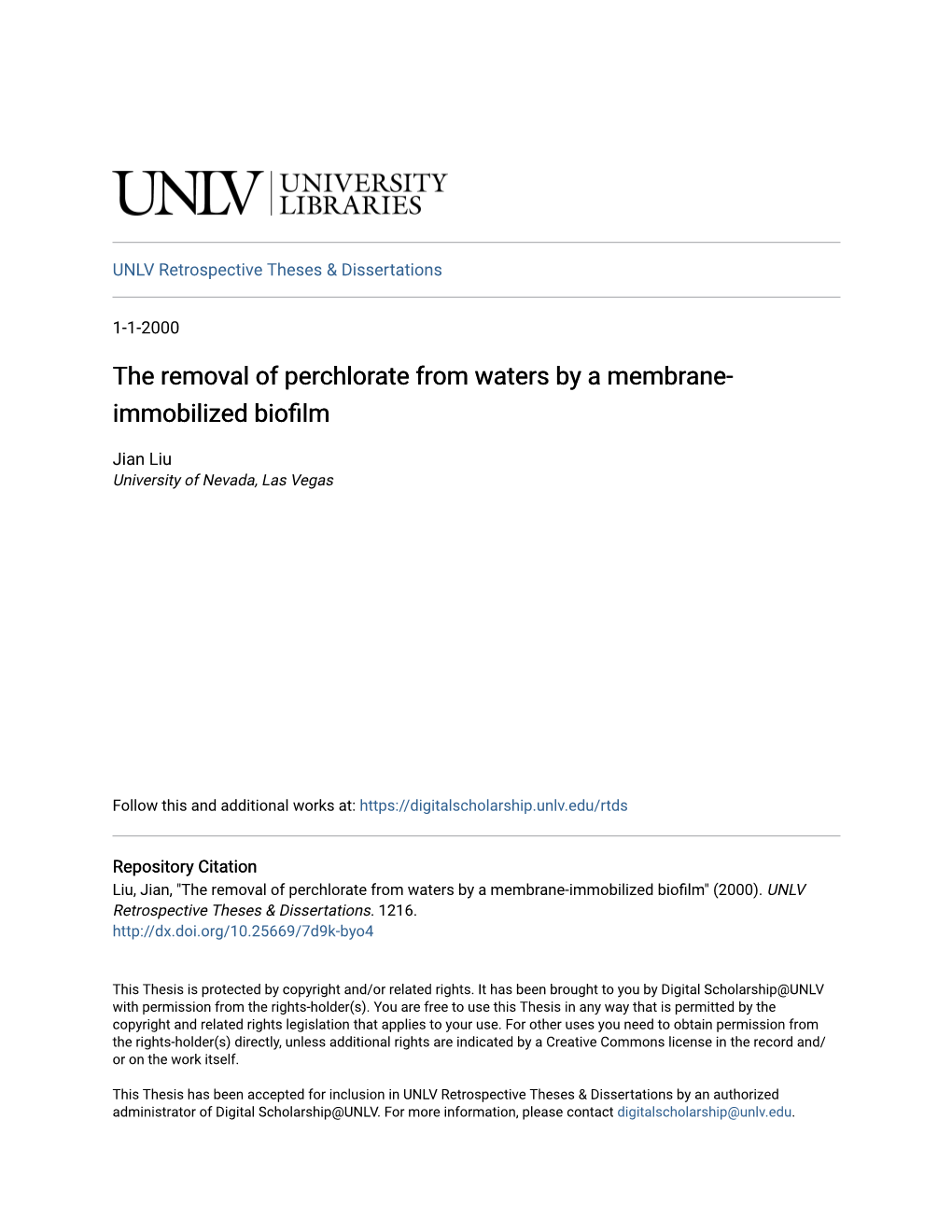 The Removal of Perchlorate from Waters by a Membrane-Immobilized Biofilm" (2000)