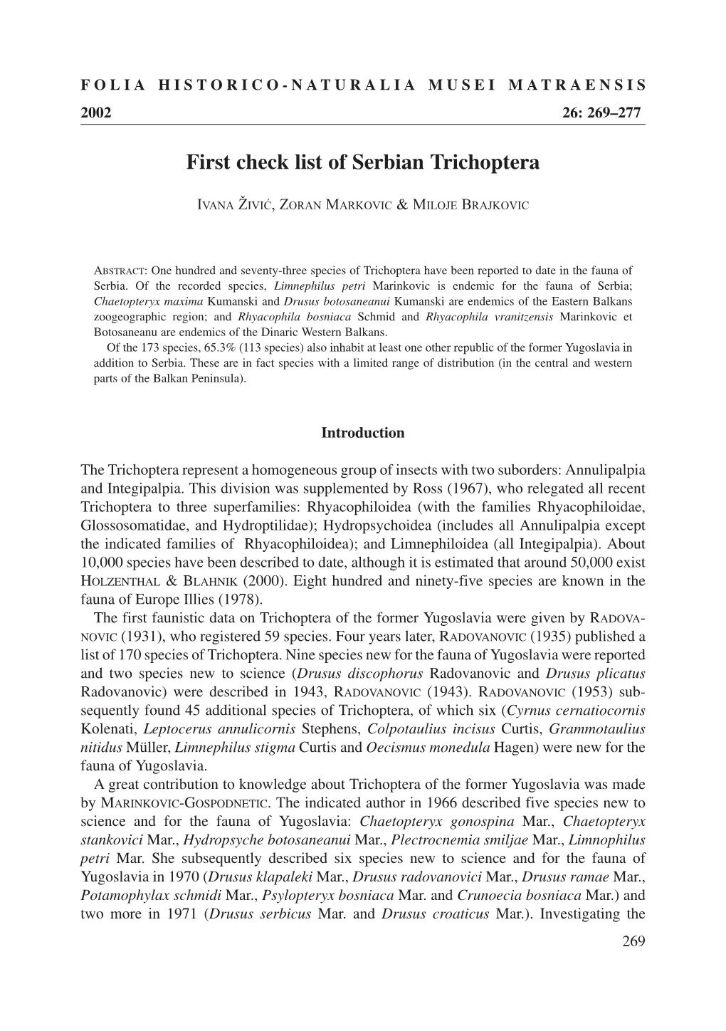 First Check List of Serbian Trichoptera