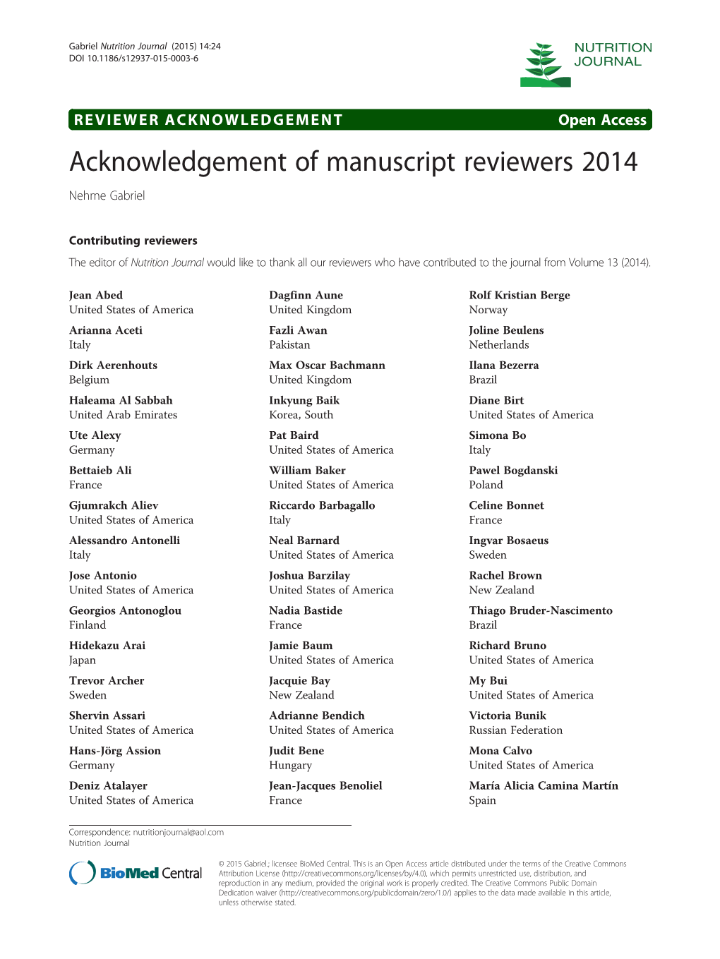 Acknowledgement of Manuscript Reviewers 2014 Nehme Gabriel