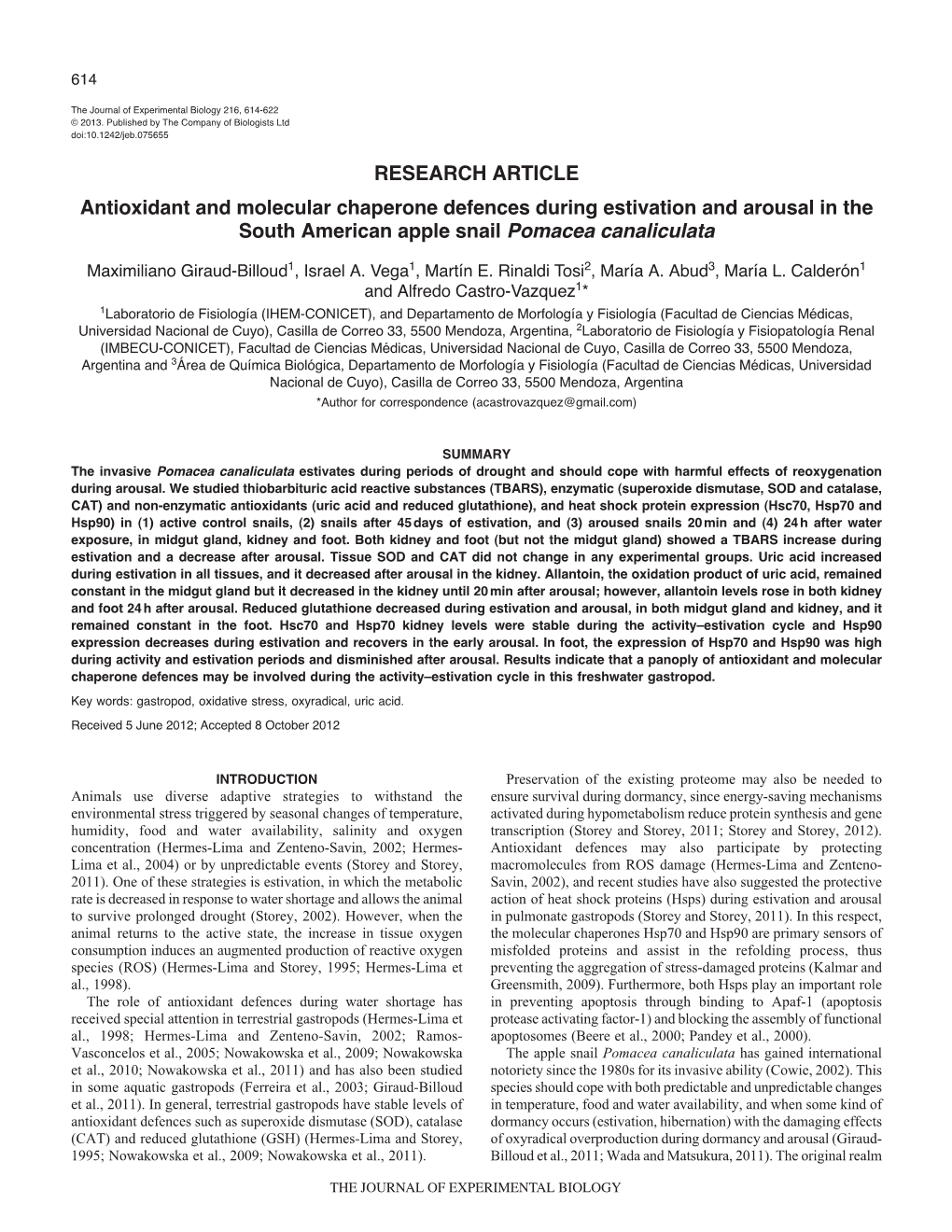 Antioxidant and Molecular Chaperone Defences During Estivation and Arousal in the South American Apple Snail Pomacea Canaliculata