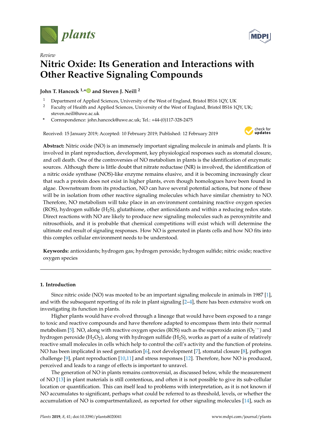 Nitric Oxide: Its Generation and Interactions with Other Reactive Signaling Compounds