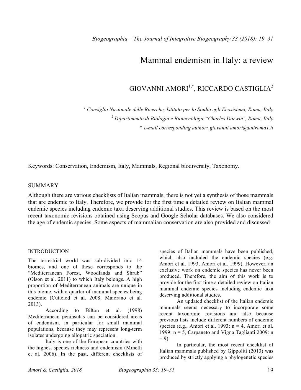 Mammal Endemism in Italy: a Review