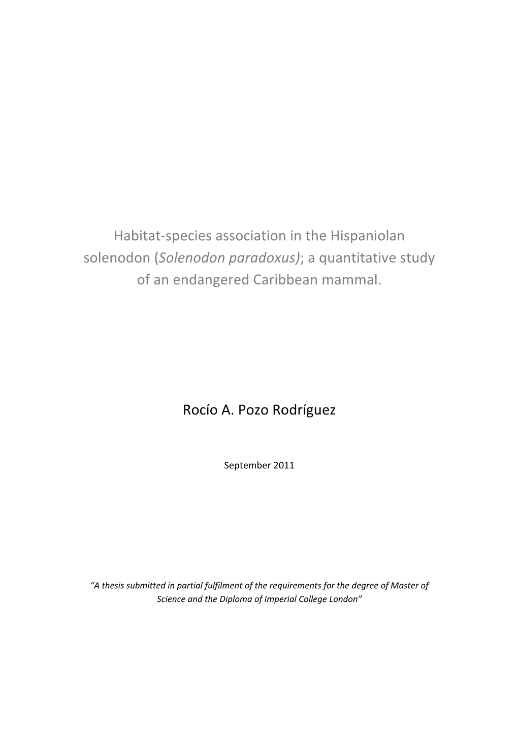 Solenodon Paradoxus); a Quantitative Study of an Endangered Caribbean Mammal