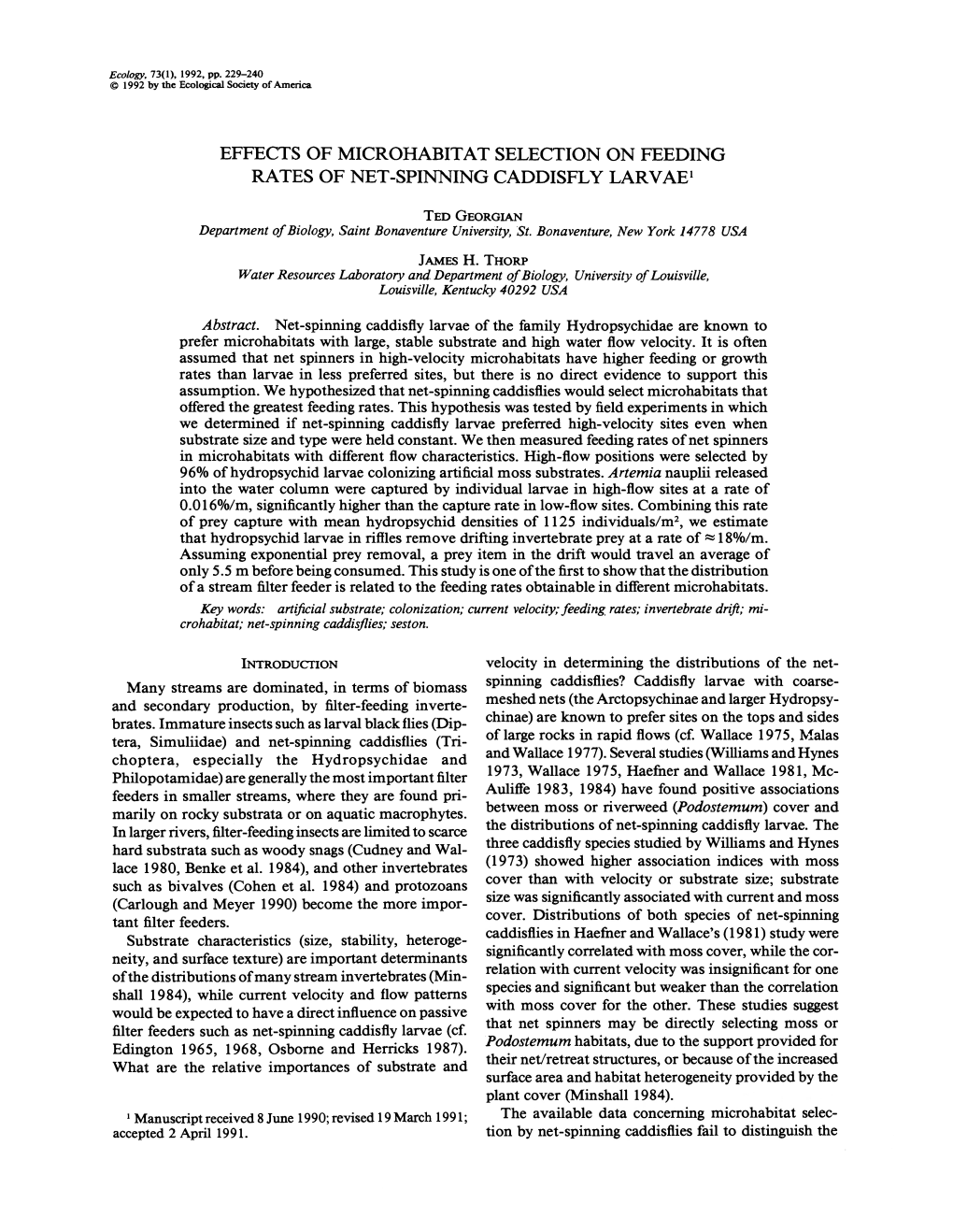 Effects of Microhabitat Selection on Feeding Rates of Net-Spinning Caddisfly Larvae1