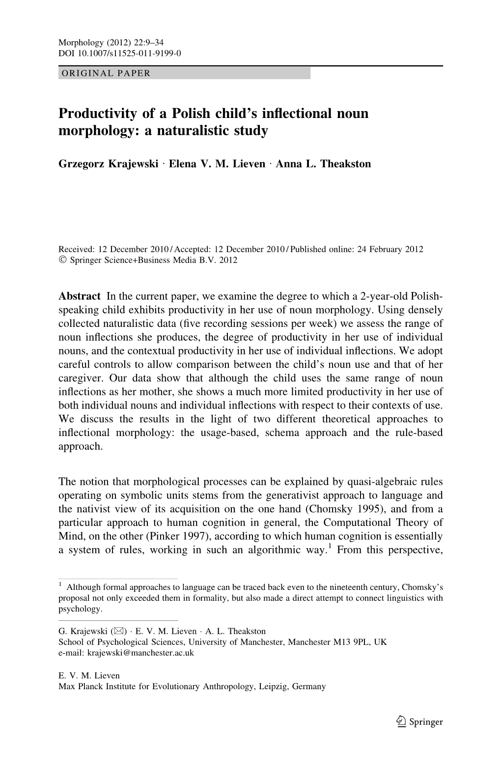 Productivity of a Polish Child's Inflectional Noun Morphology