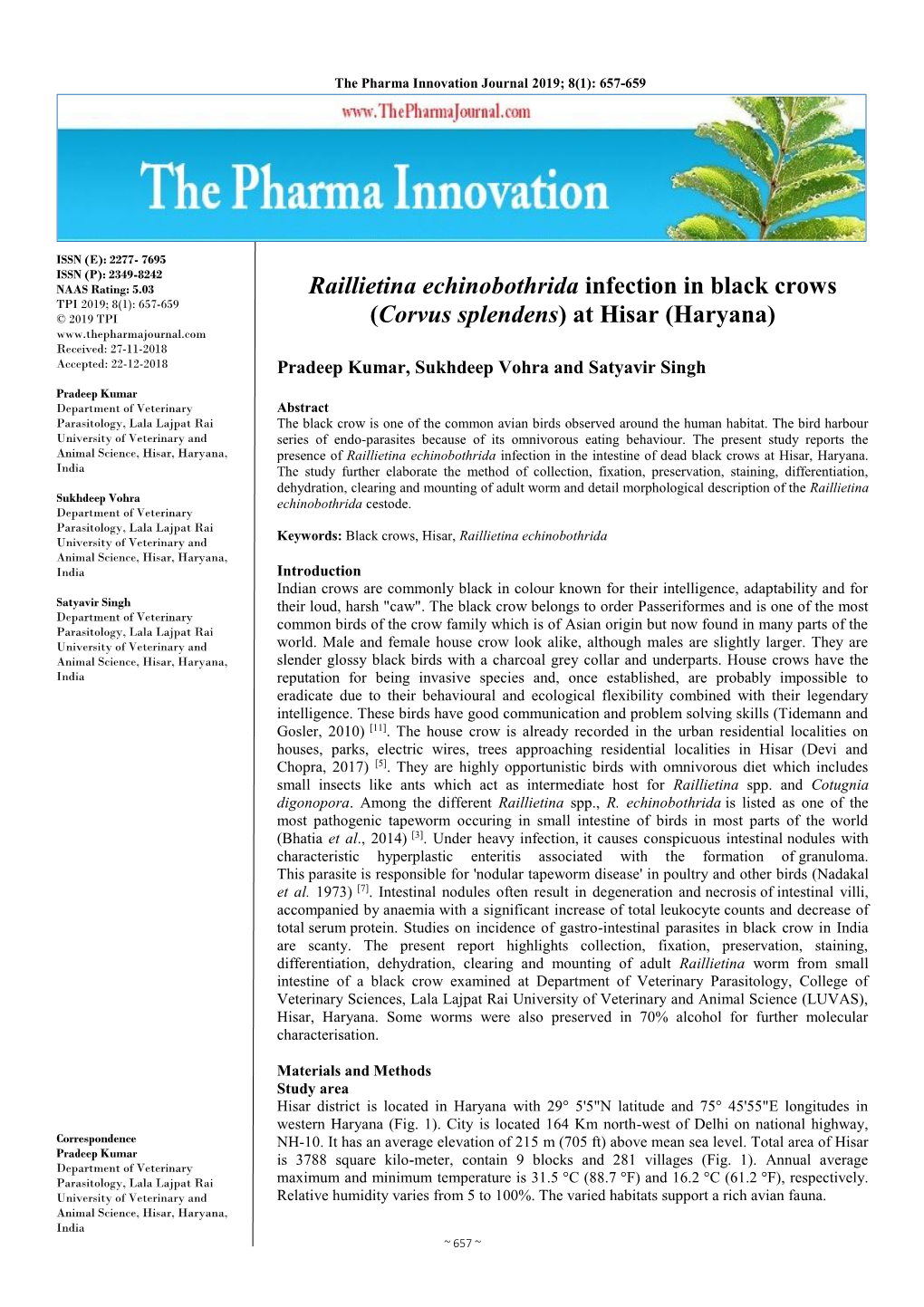 Raillietina Echinobothrida Infection in Black Crows (Corvus Splendens)