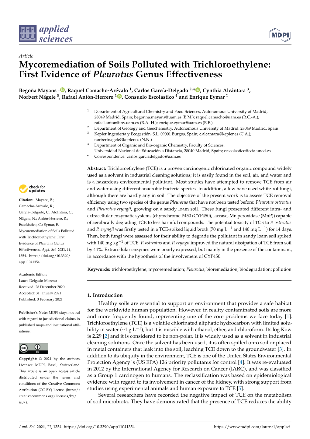 Mycoremediation of Soils Polluted with Trichloroethylene: First Evidence of Pleurotus Genus Effectiveness