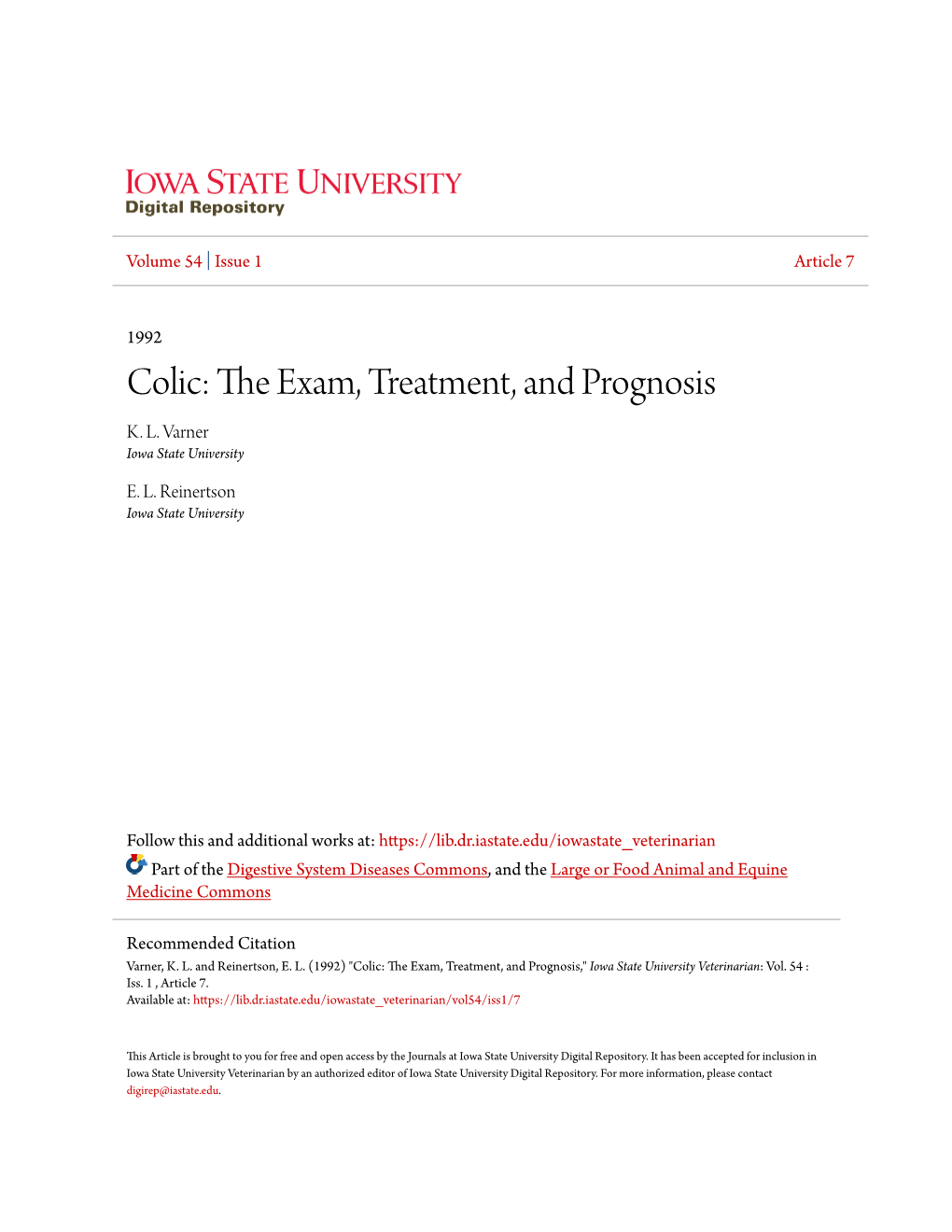 Colic: the Exam, Treatment, and Prognosis K