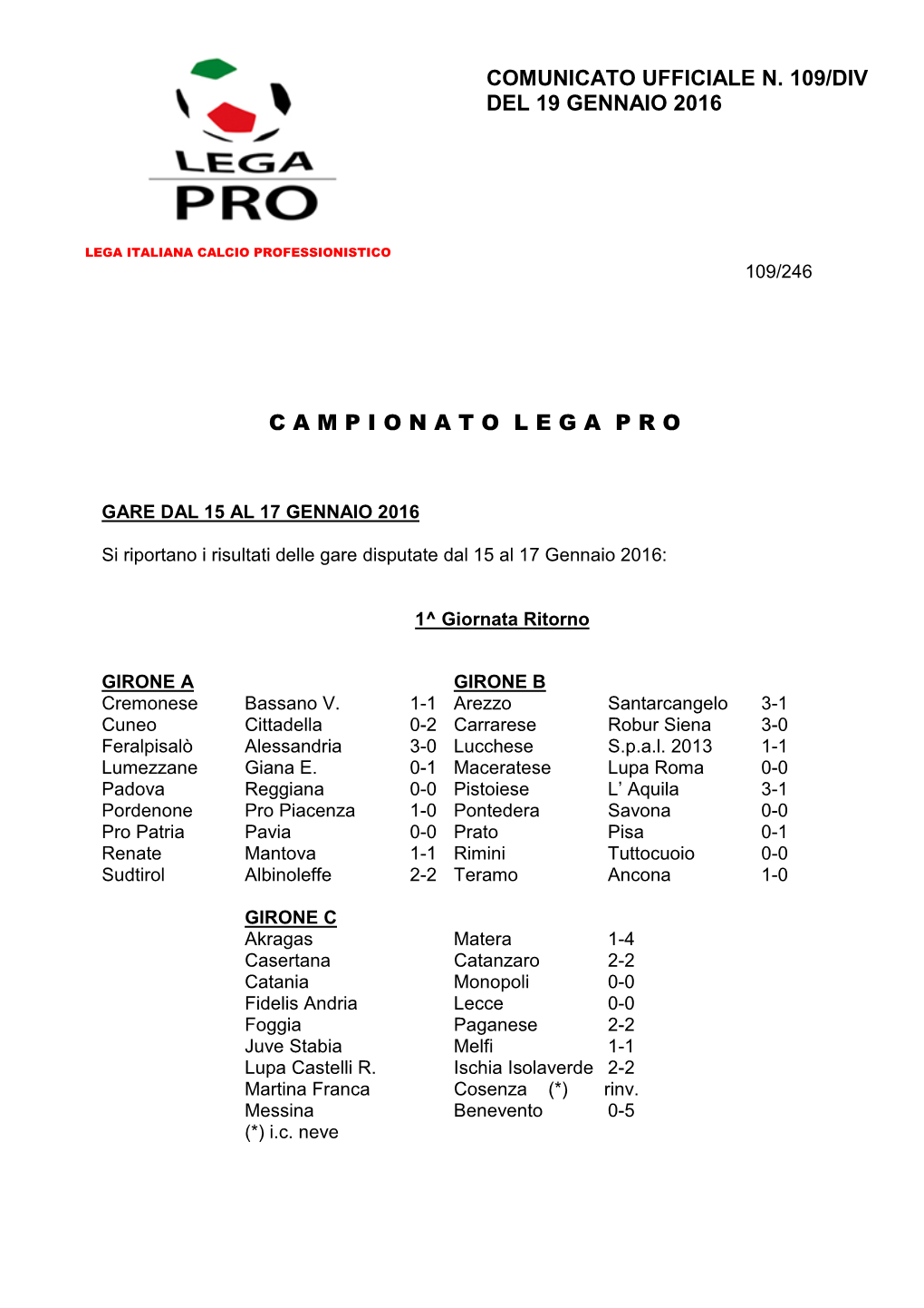 Comunicato Ufficiale N. 109/Div Del 19 Gennaio 2016