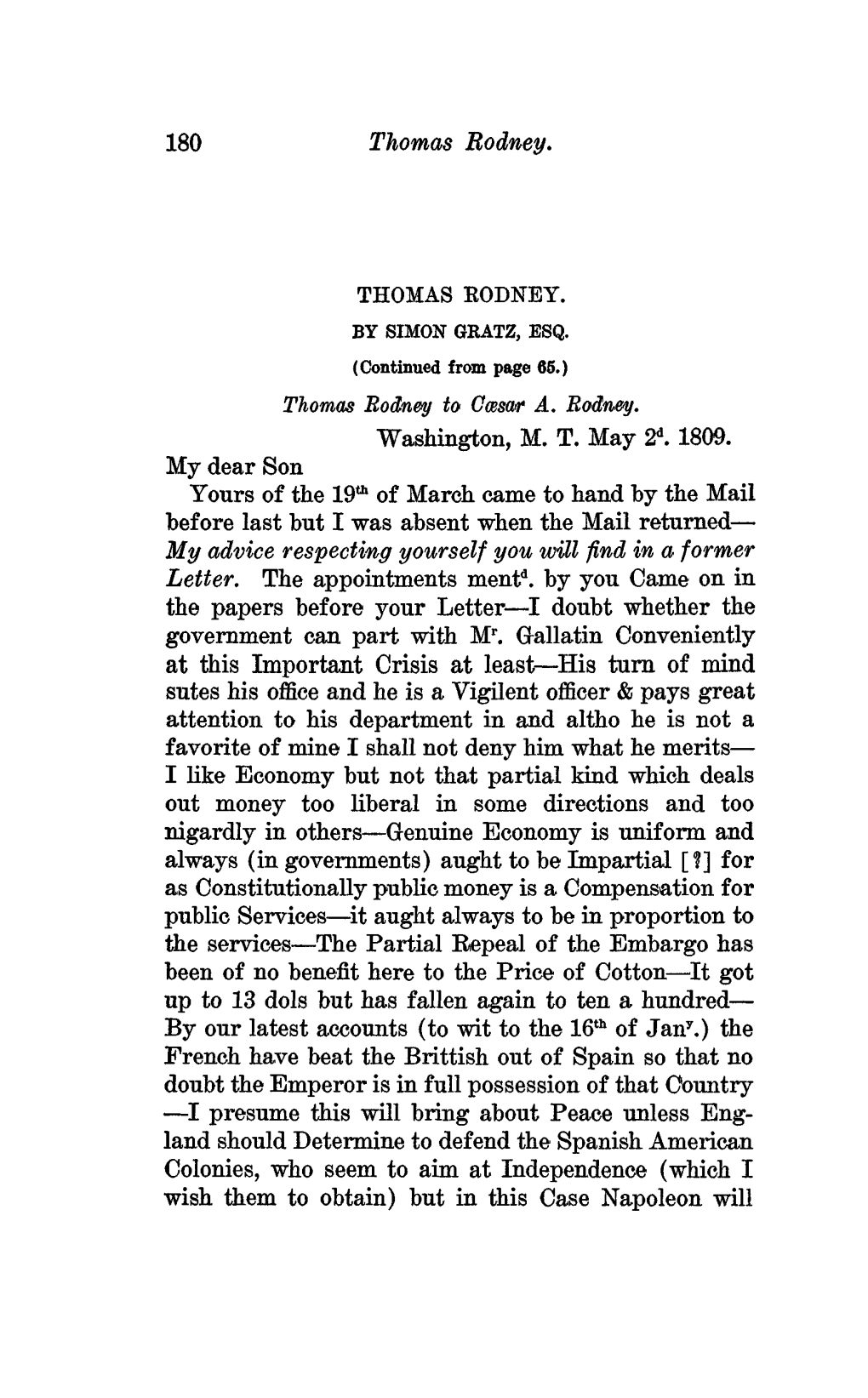 180 Thomas Rodney. Washington, M. T. May 2D. 1809. My Dear Son