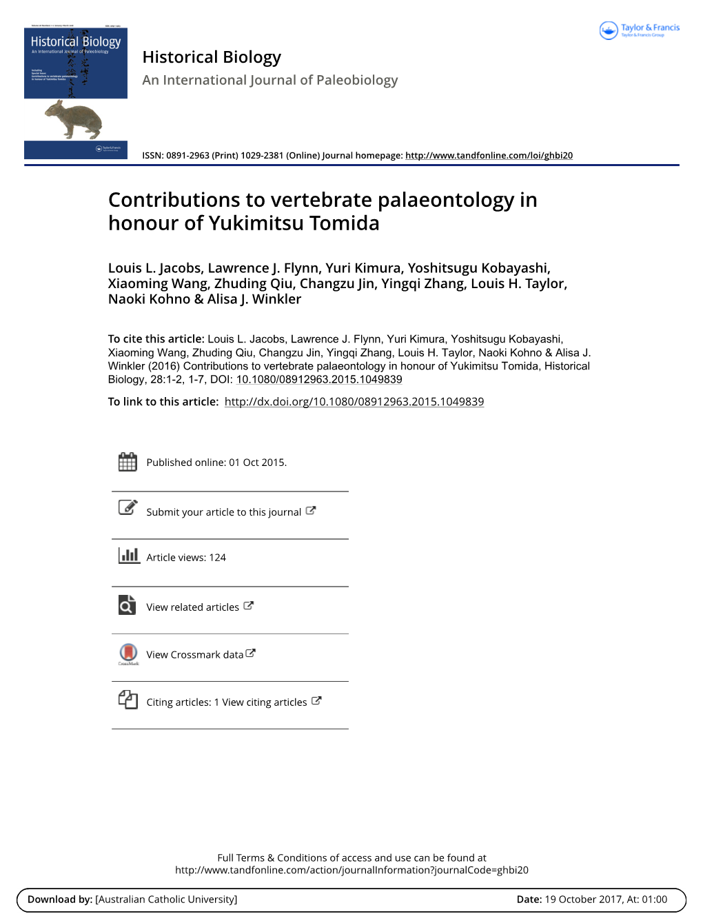 Contributions to Vertebrate Palaeontology in Honour of Yukimitsu Tomida