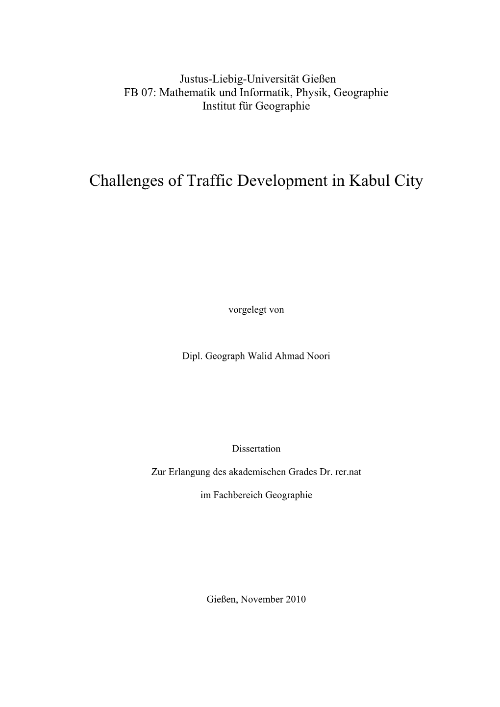 Challenges of Traffic Development in Kabul City