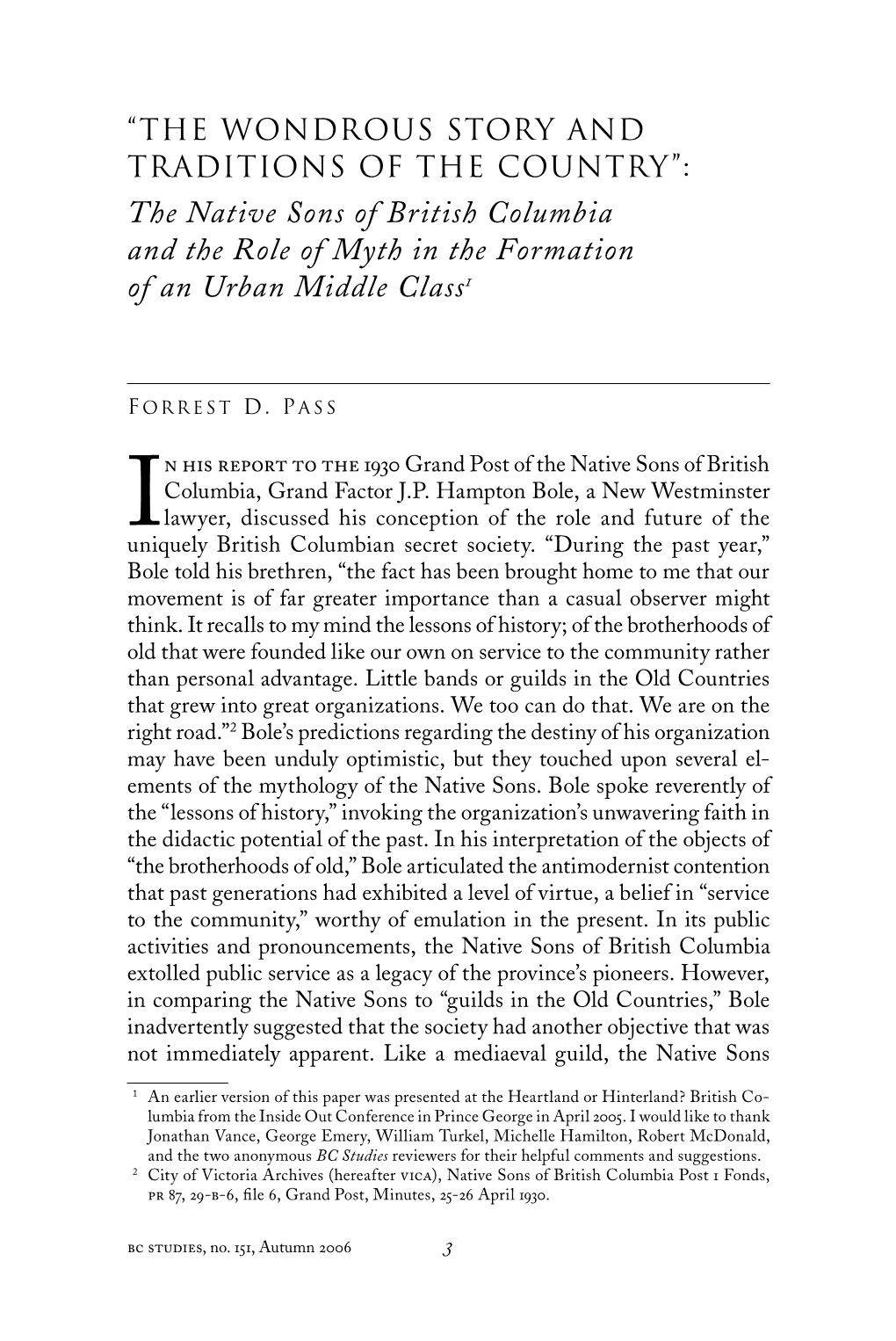 The Native Sons of British Columbia and the Role of Myth in the Formation of an Urban Middle Class1