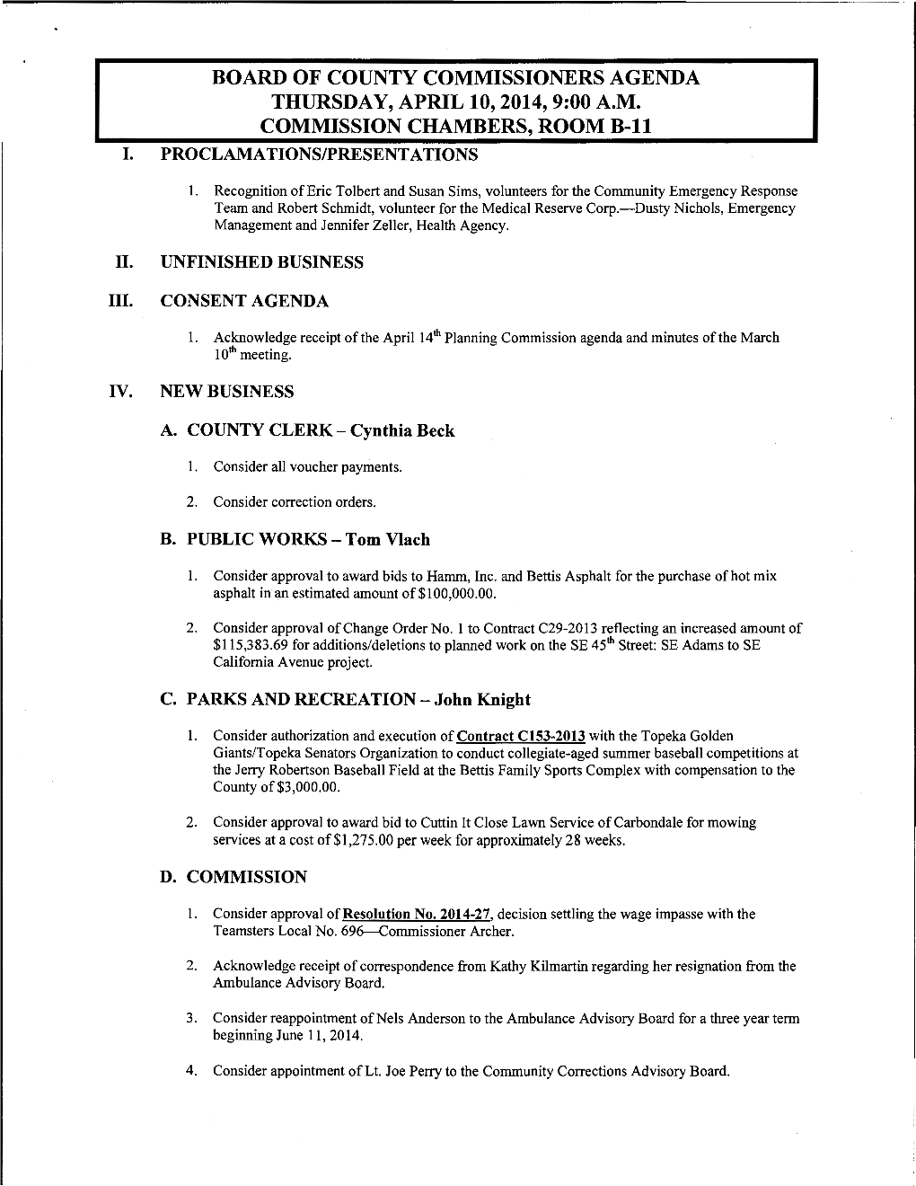 Board of County Commissioners Agenda Thursday, April 10, 2014, 9:00A.M