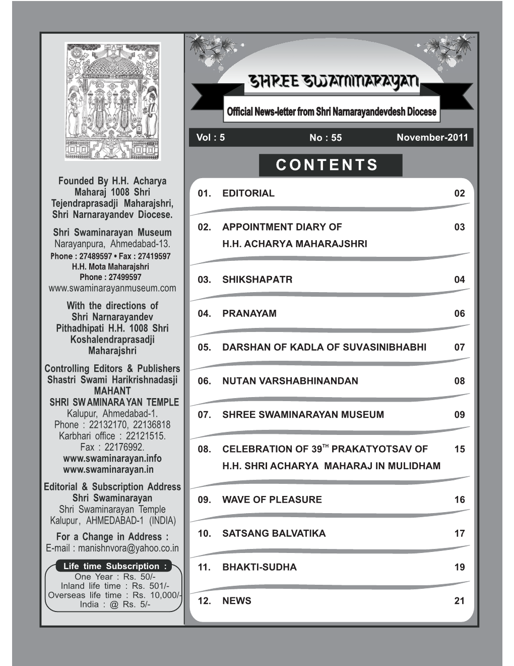 01. Editorial 02 02. Appointment Diary of 03 H.H. Acharya