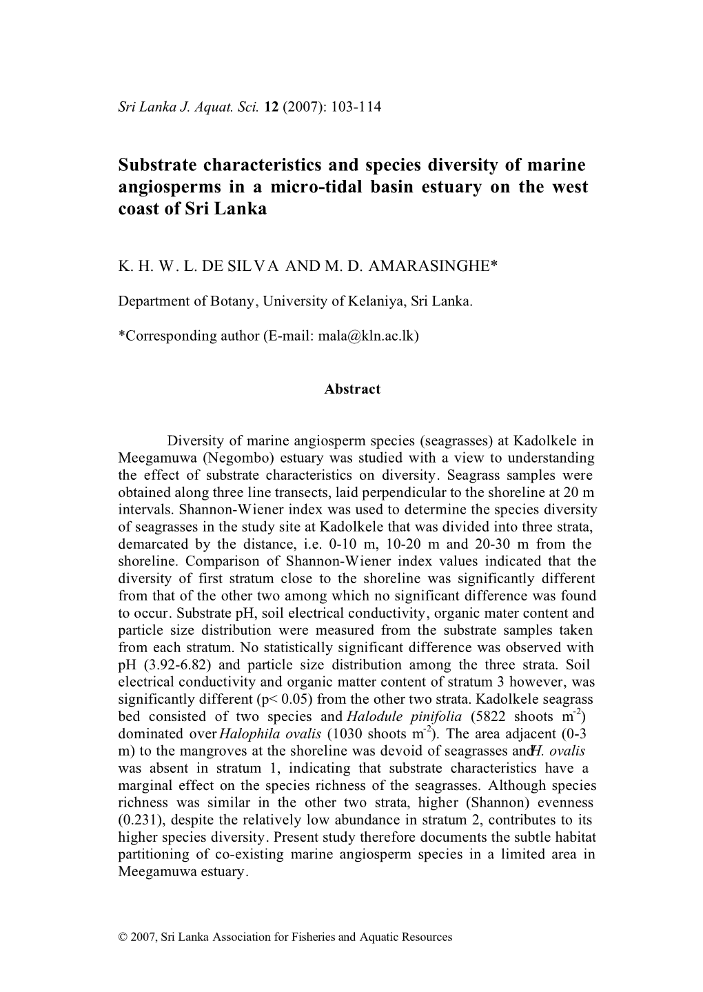 Substrate Characteristics and Species Diversity of Marine Angiosperms in a Micro-Tidal Basin Estuary on the West Coast of Sri Lanka