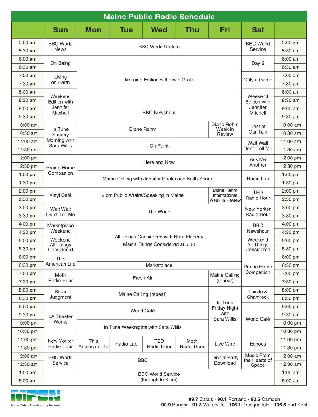 Maine Public Radio Schedule Sun Mon Tue Wed Thu Fri Sat