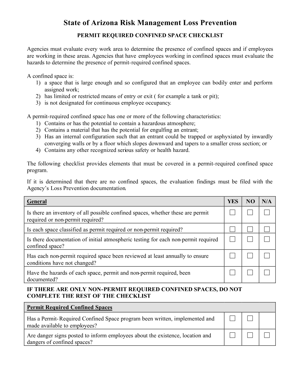 Confined Space Checklist