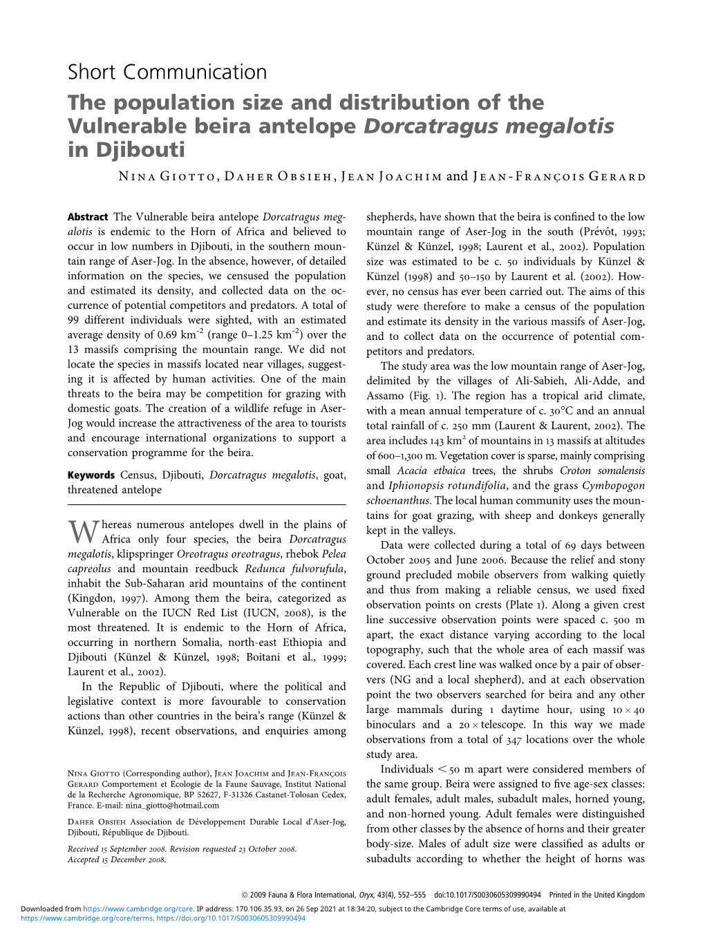 The Population Size and Distribution of the Vulnerable Beira Antelope Dorcatragus Megalotis in Djibouti