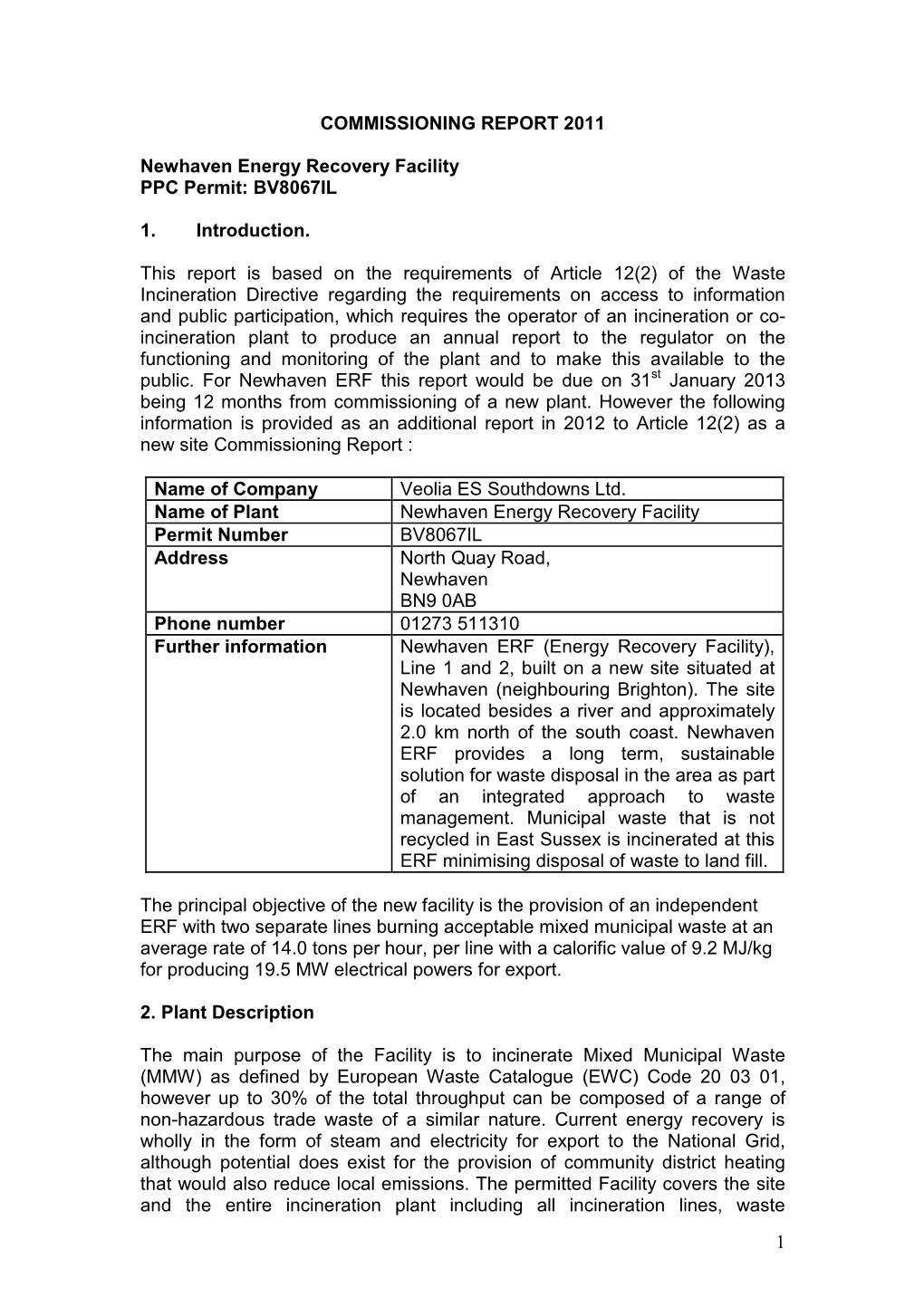 1 COMMISSIONING REPORT 2011 Newhaven Energy Recovery