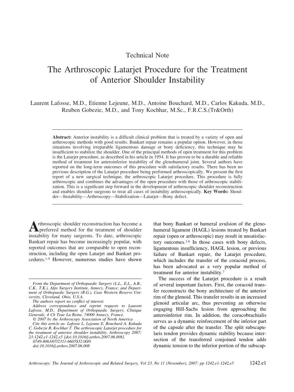 The Arthroscopic Latarjet Procedure for the Treatment of Anterior Shoulder Instability