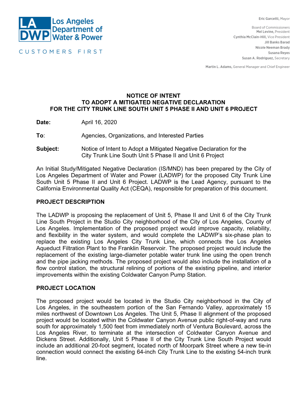 Notice of Intent to Adopt a Mitigated Negative Declaration for the City Trunk Line South Unit 5 Phase Ii and Unit 6 Project