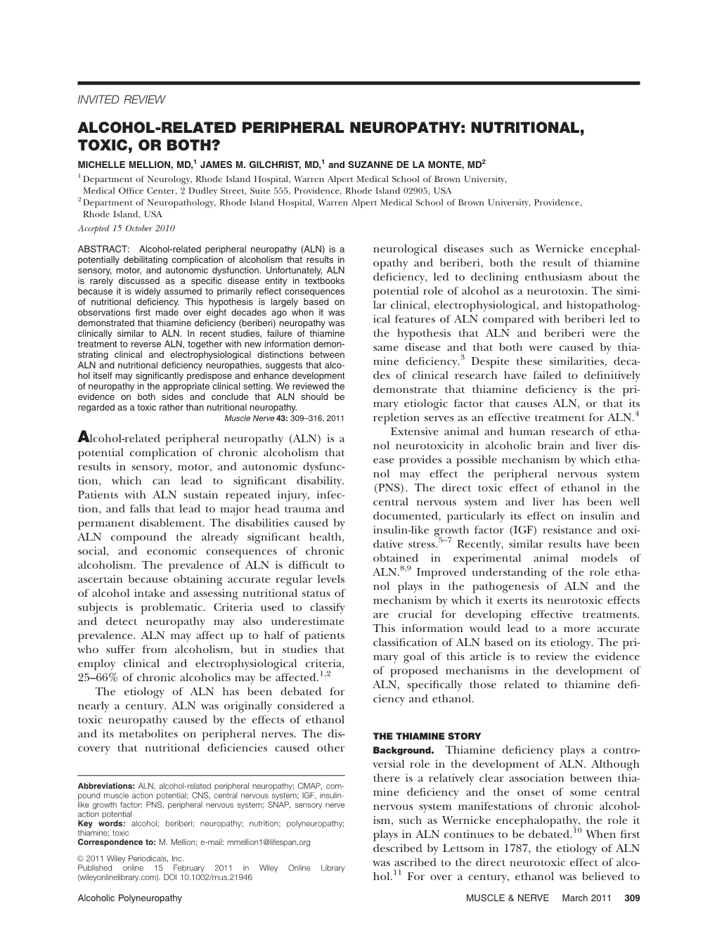 Alcohol-Related Peripheral Neuropathy: Nutritional, Toxic, Or Both? Michelle Mellion, Md,1 James M