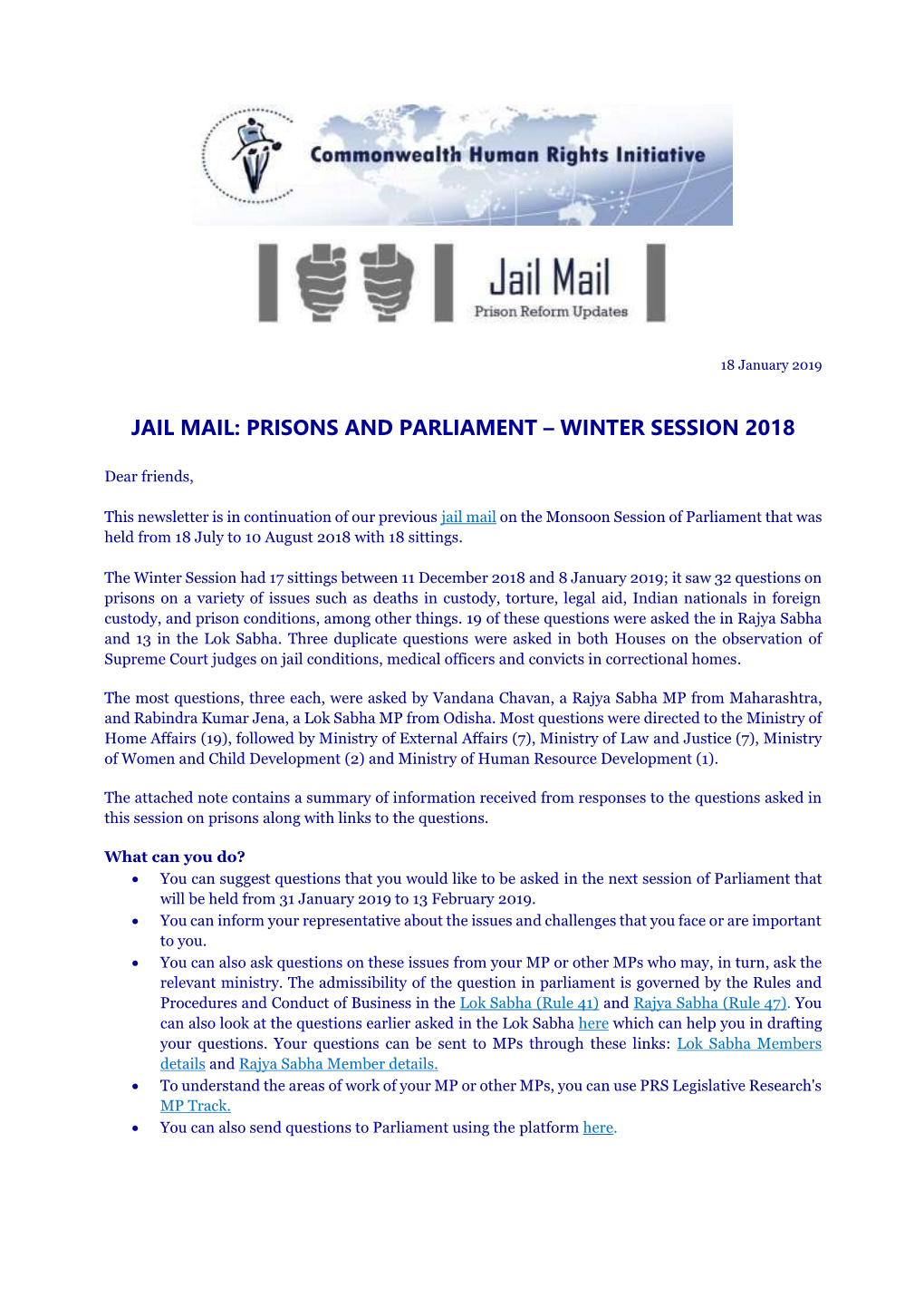 Jail Mail: Prisons and Parliament – Winter Session 2018