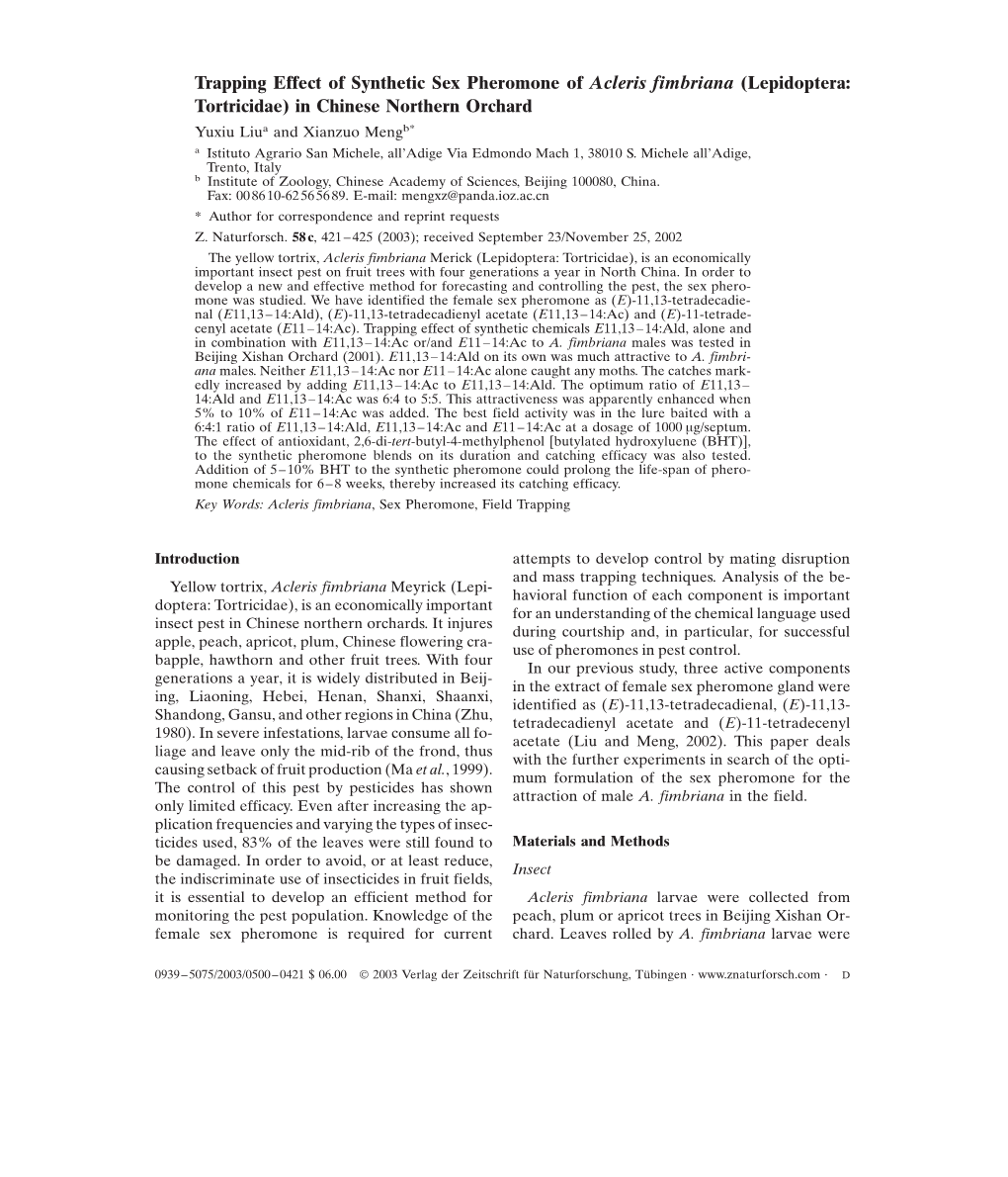 Trapping Effect of Synthetic Sex Pheromone of Acleris Fimbriana