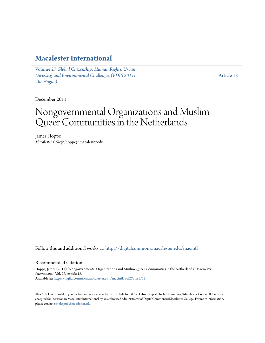 Nongovernmental Organizations and Muslim Queer Communities in the Netherlands James Hoppe Macalester College, Hoppe@Macalester.Edu