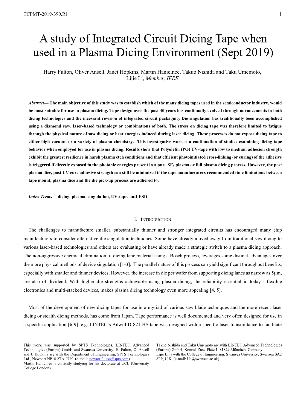 A Study of Integrated Circuit Dicing Tape When Used in a Plasma Dicing Environment (Sept 2019)
