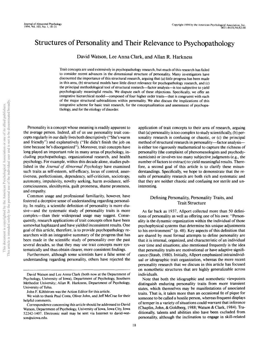 Structures of Personality and Their Relevance to Psychopathology