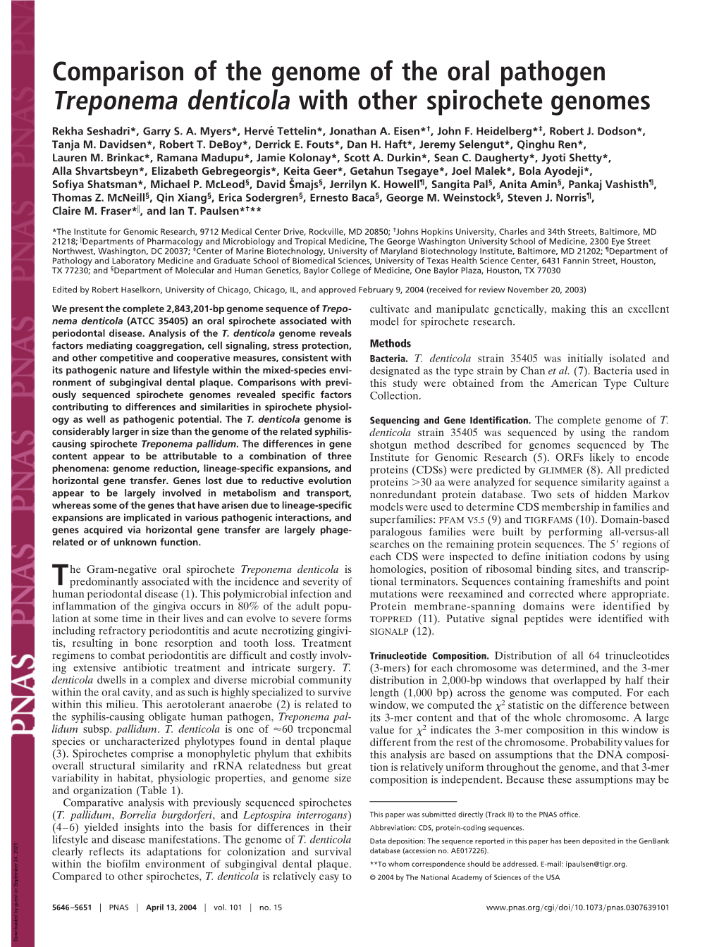 Treponema Denticola with Other Spirochete Genomes