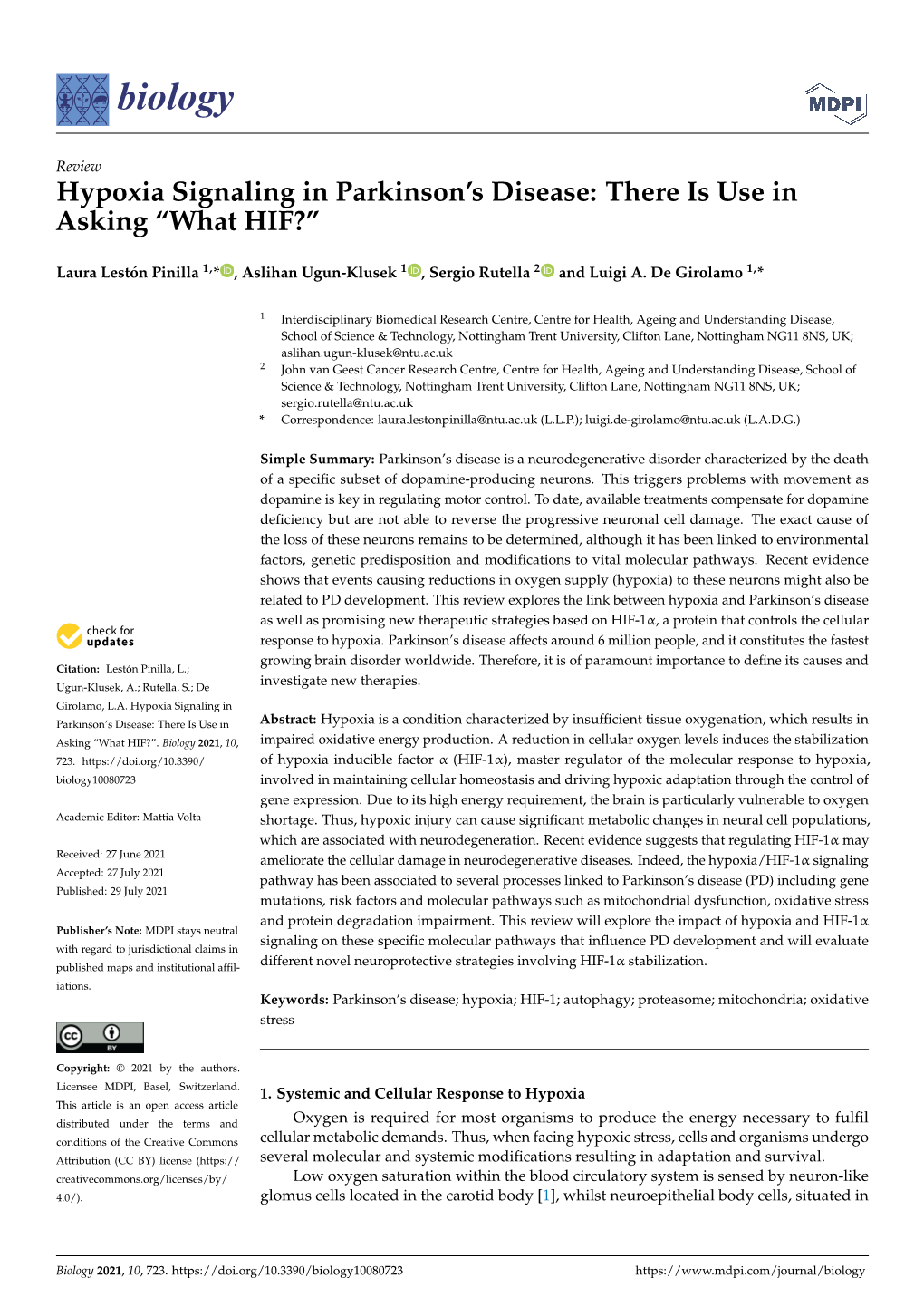 Hypoxia Signaling in Parkinson's Disease