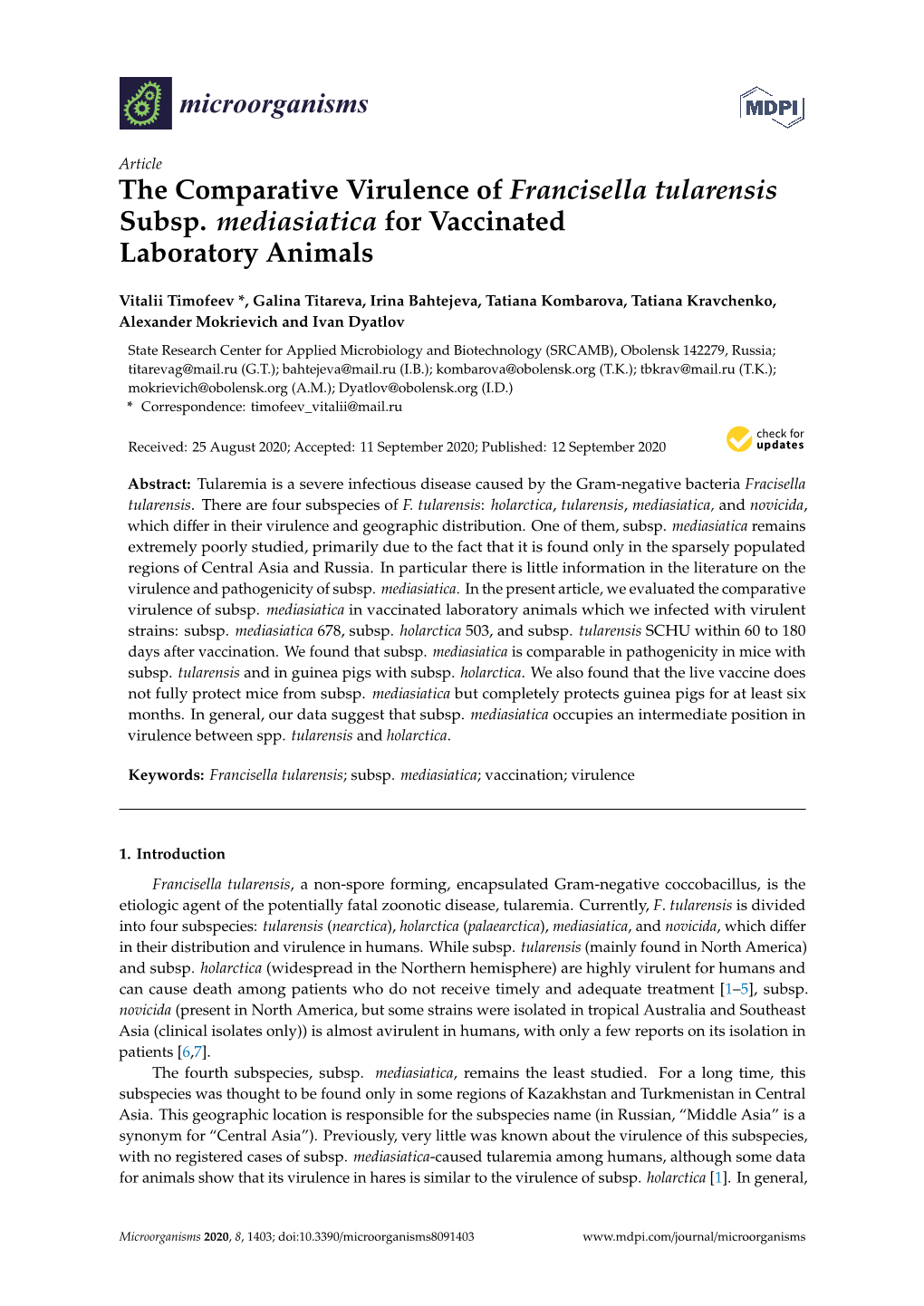 The Comparative Virulence of Francisella Tularensis Subsp