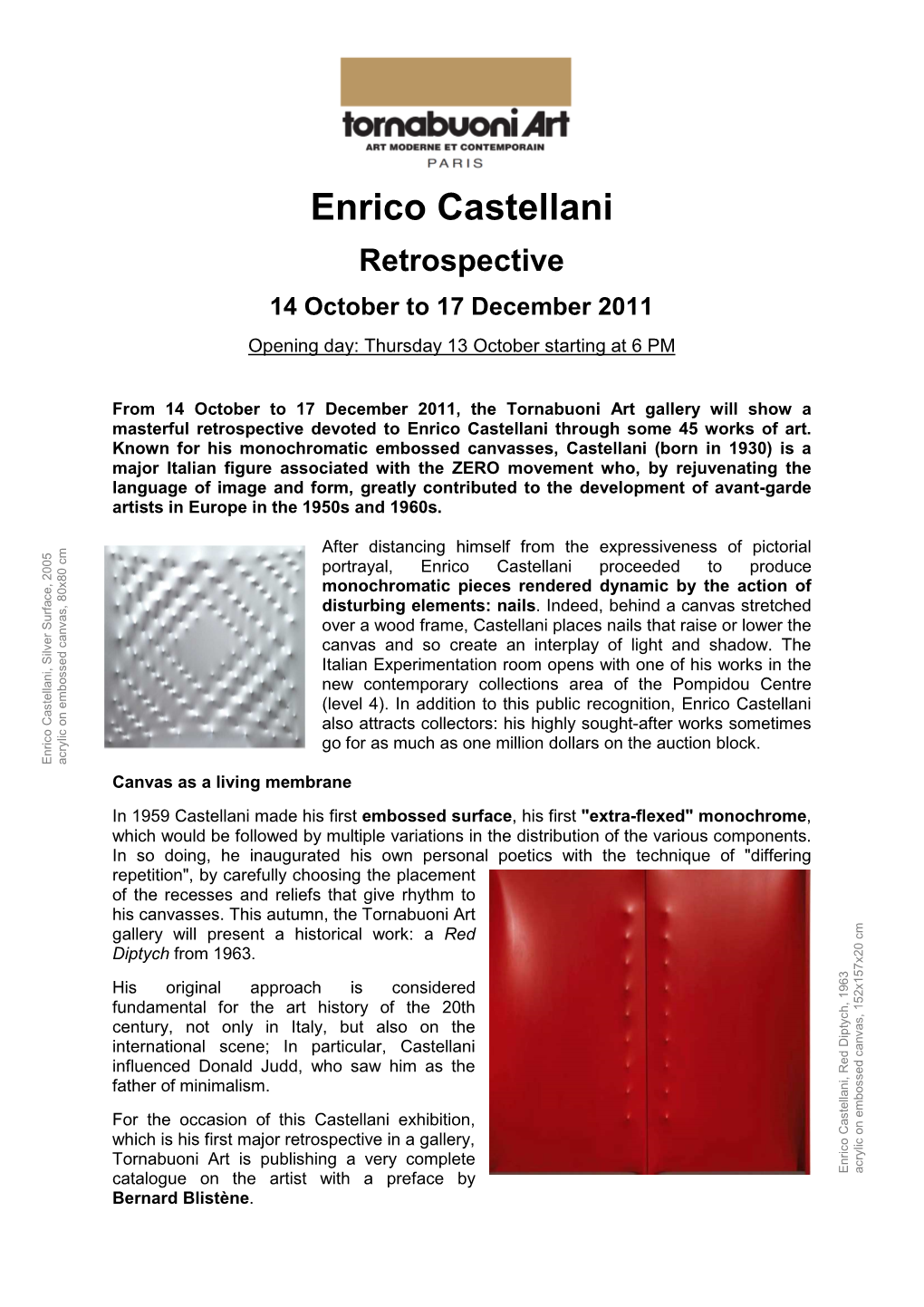 PR Tornabuoni Art Presents Enrico Castellani from October 14 To