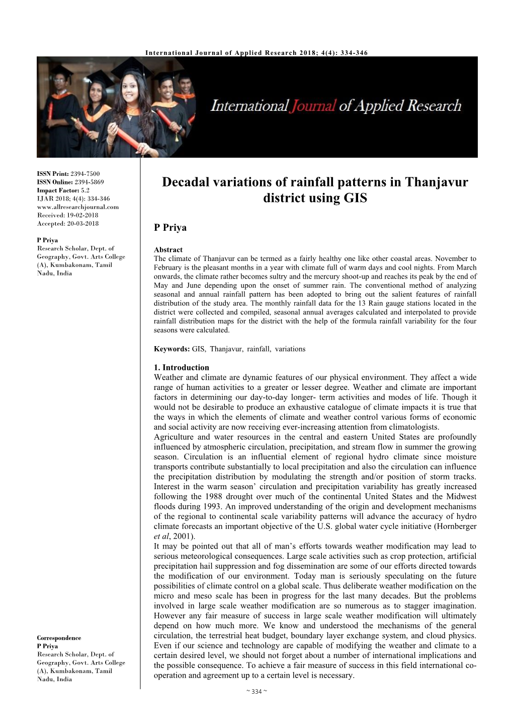 Decadal Variations of Rainfall Patterns in Thanjavur District Using