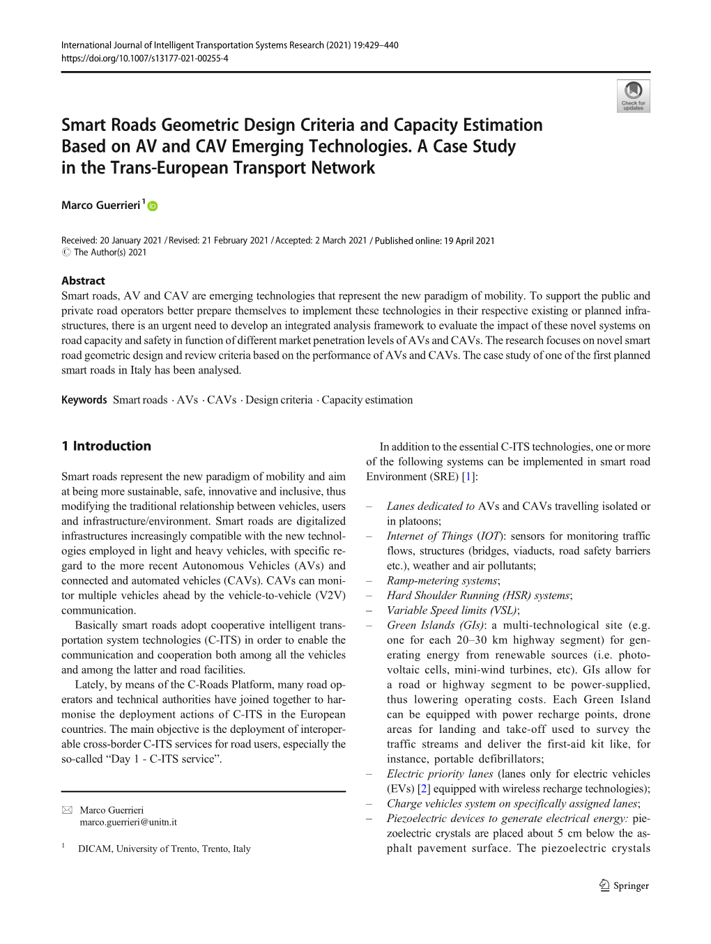 Smart Roads Geometric Design Criteria and Capacity Estimation Based on AV and CAV Emerging Technologies