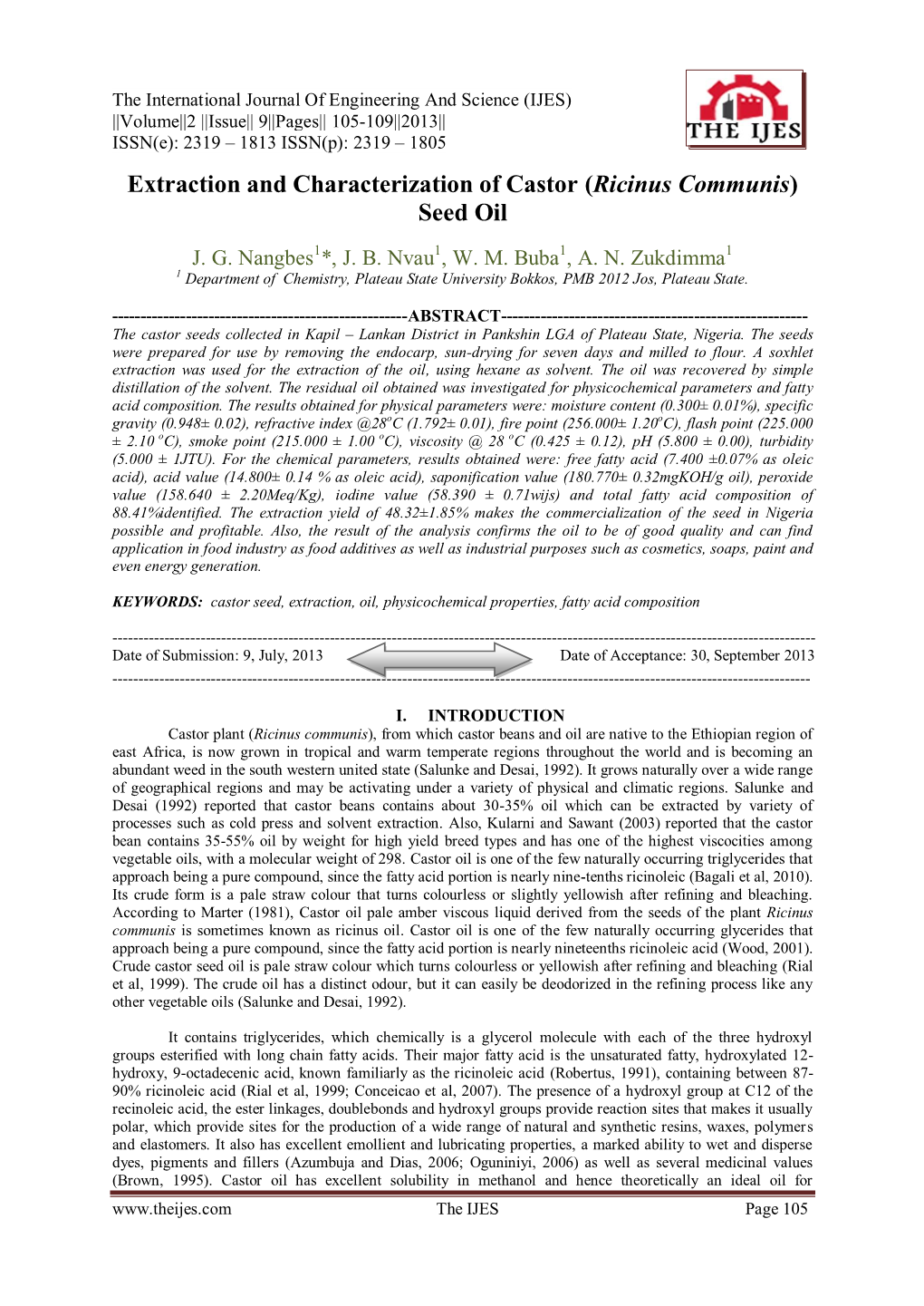 Extraction and Characterization of Castor (Ricinus Communis) Seed Oil