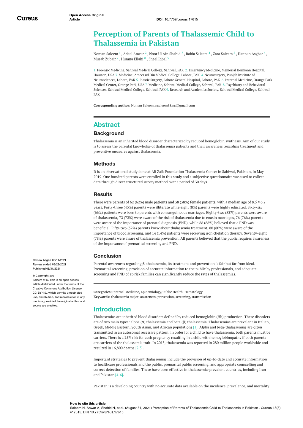 Perception of Parents of Thalassemic Child to Thalassemia in Pakistan